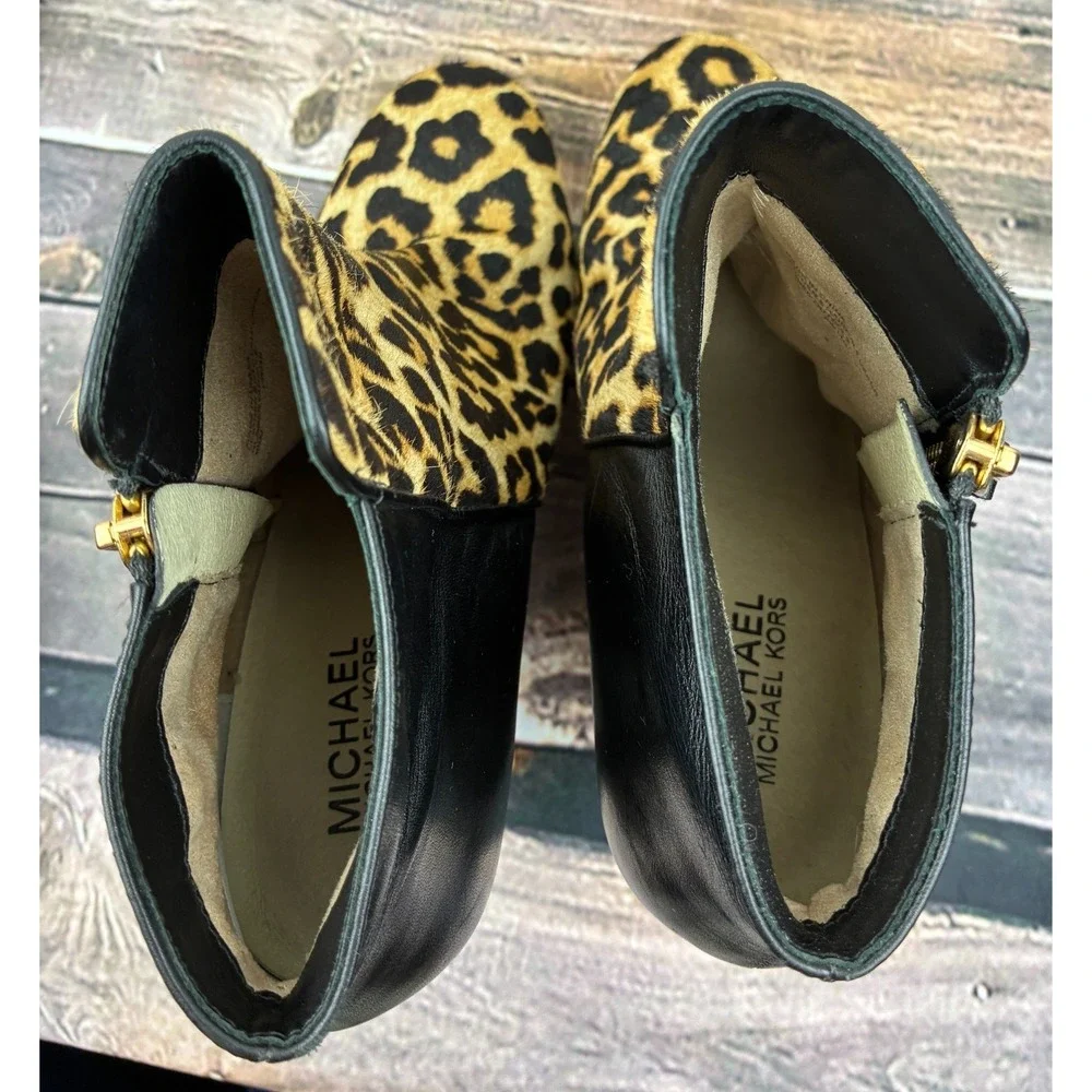 Michael Kors Womens 8M Leopard Calf Hair Platform Ankle Boots Side Zip Booties